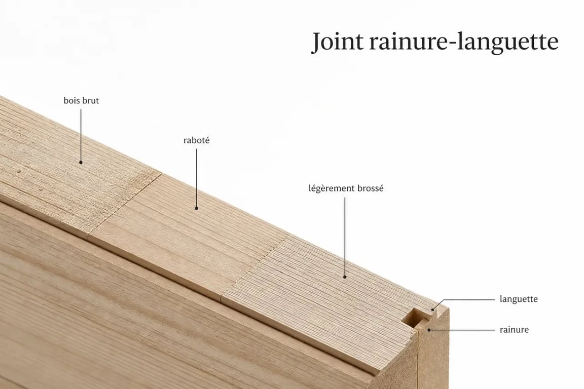 Détail de lambris en bois pour plafond avec profil rainure-languette et finitions bois