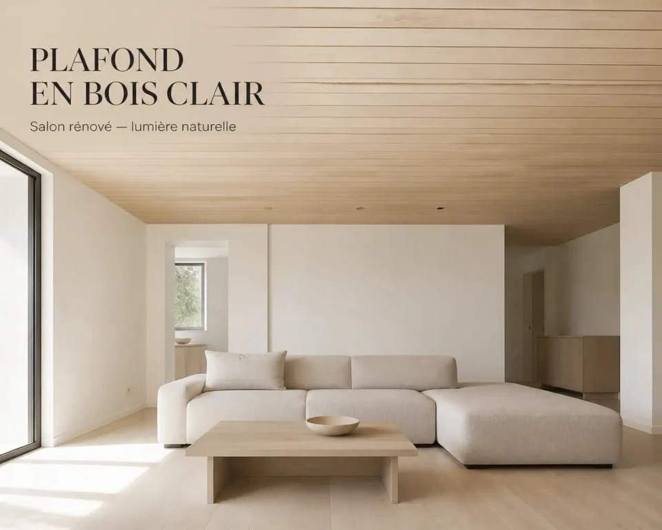 Lambris en bois pour plafond installé dans un salon lumineux avec plafond clair
