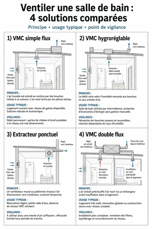 Comparatif VMC pour salle de bain entre simple flux, hygroréglable, extracteur ponctuel et double flux