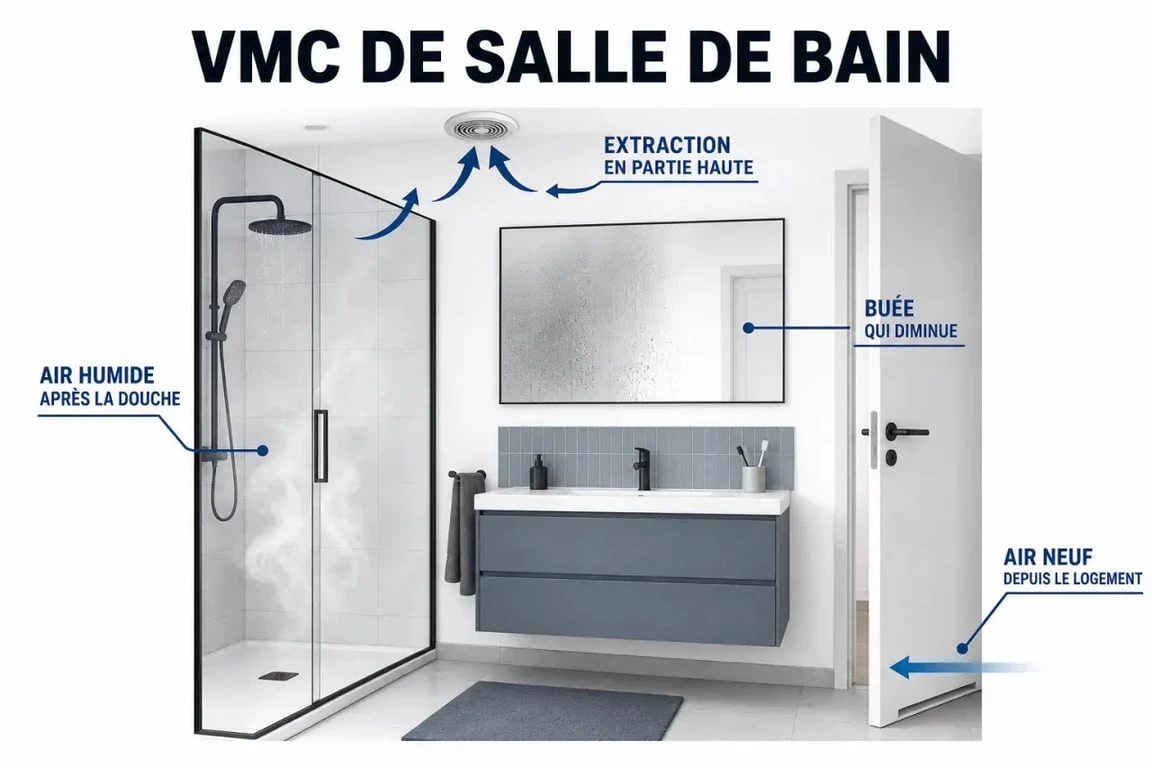 Schéma d’une VMC pour salle de bain avec extraction de l’air humide et diminution de la condensation