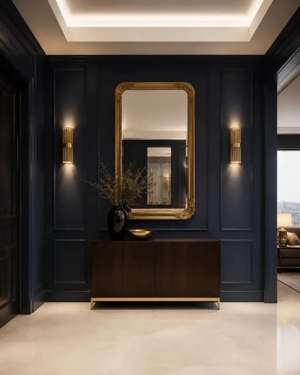 Déco hall d'entrée chic avec mur bleu nuit, miroir doré et style raffiné