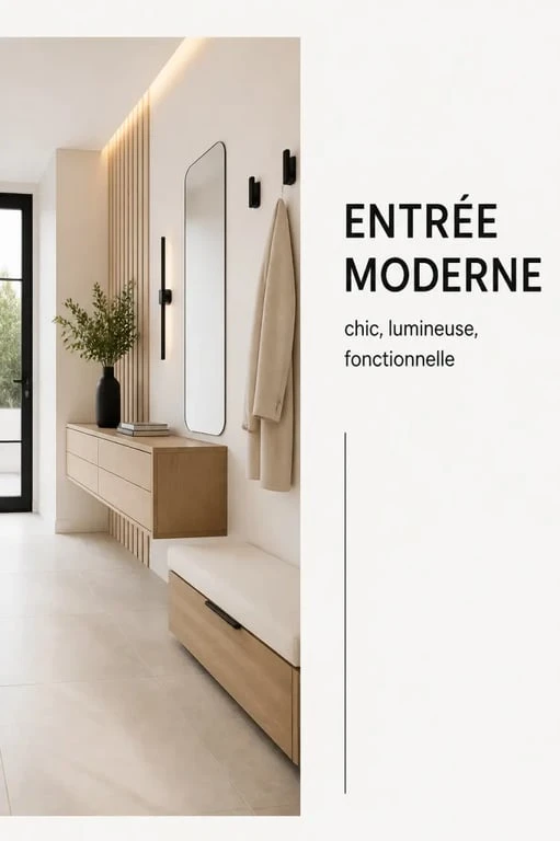 Déco hall d'entrée chic moderne avec banc fin, miroir sobre et ambiance lumineuse