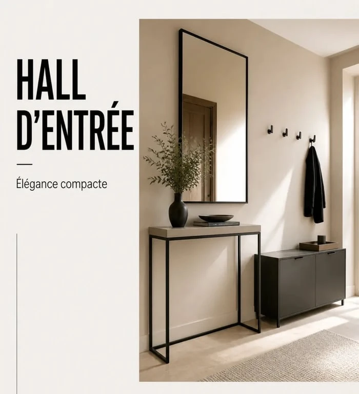 Déco hall d'entrée chic avec console fine, grand miroir et rangements fermés dans une petite entrée élégante