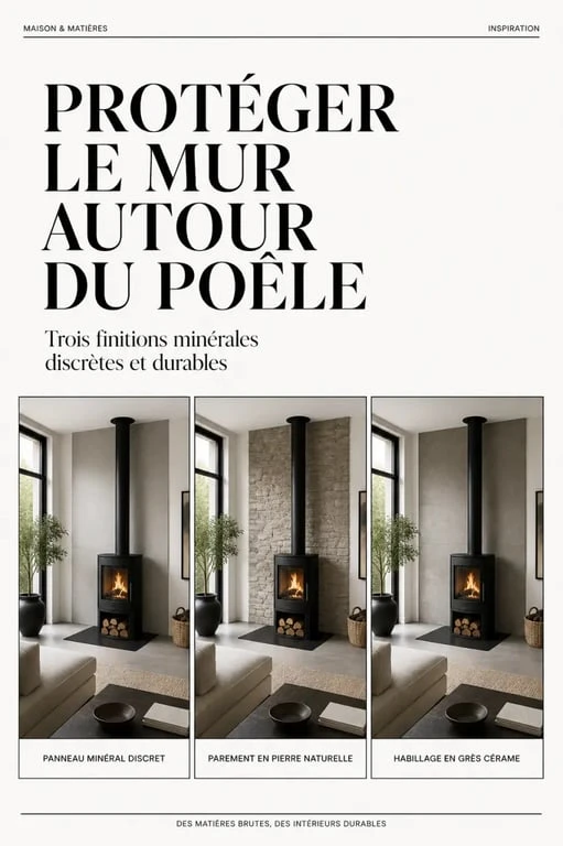 Habillage mur derriere un poele a bois dans un salon contemporain, avec protection minérale et finitions pierre et grès cérame