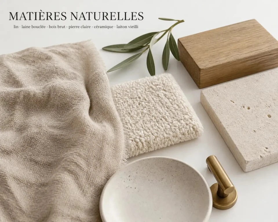 deco salon chic et charme : gros plan sur les matières naturelles, lin, bois et pierre, dans une ambiance raffinée