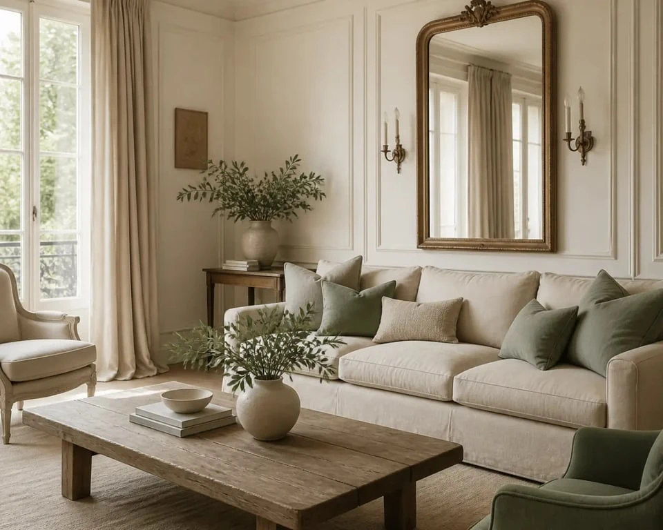 deco salon chic et charme dans un salon lumineux avec canapé en lin, bois patiné et miroir ancien