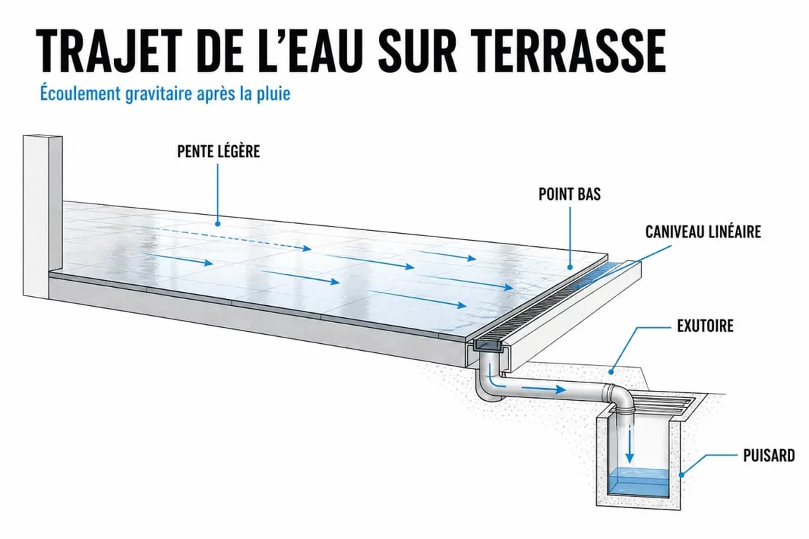 Schéma de l'évacuation eau de pluie terrasse avec pente, caniveau et puisard