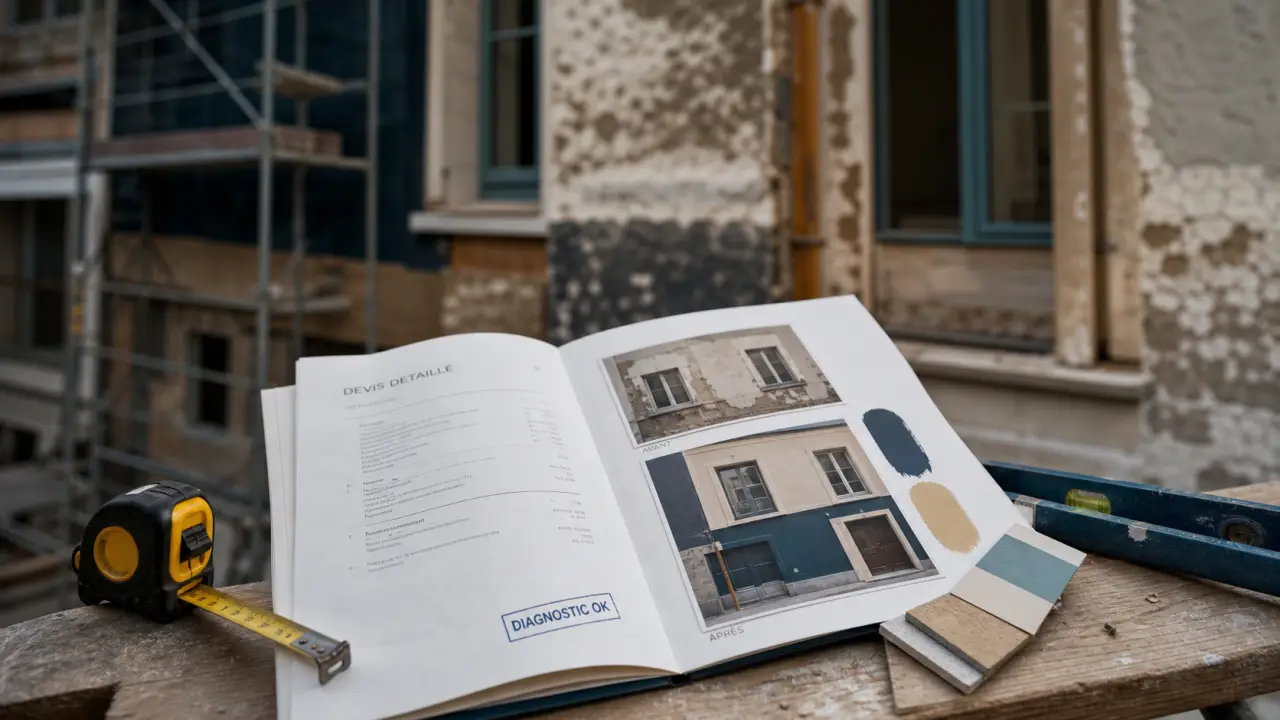 Entreprise de rénovation extérieure : devis pour façade et toiture en cours de rénovation