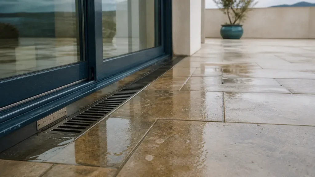 Évacuation eau de pluie terrasse : quelle pente, quel caniveau, quel puisard ?