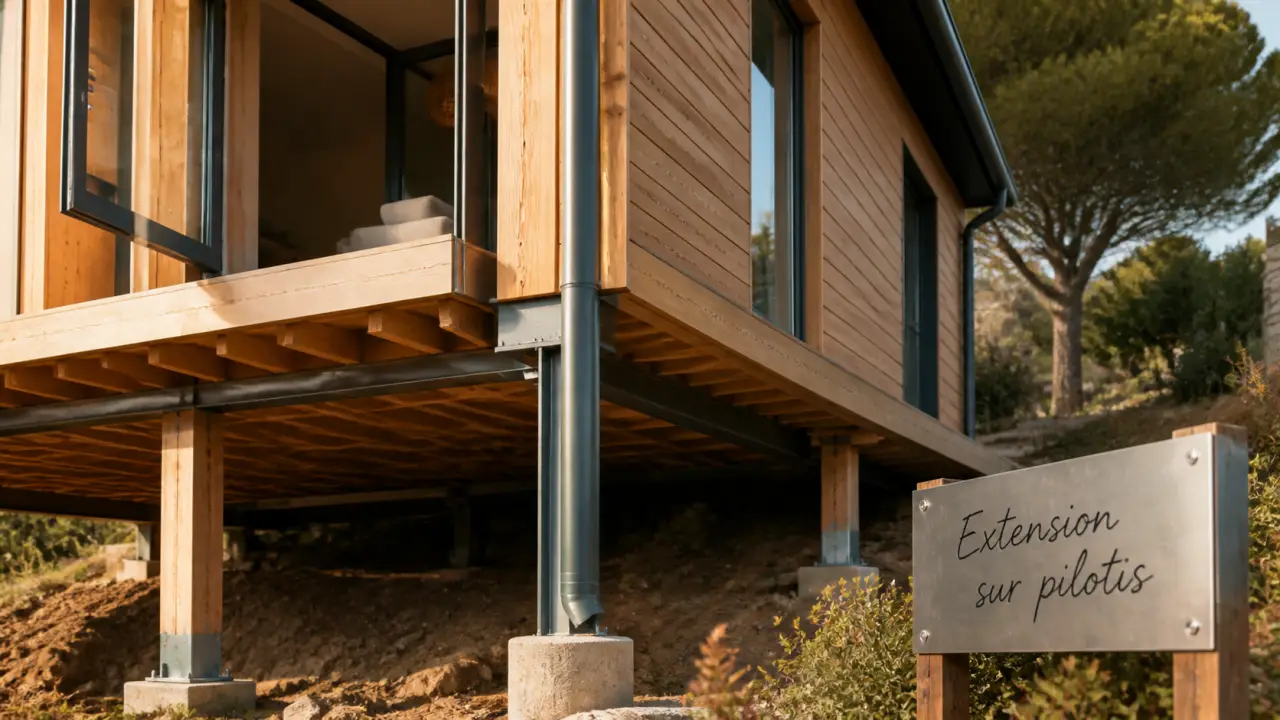 Extension maison sur pilotis : terrasse et jardin libre sous la maison
