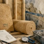 Isolation naturelle : isolant en fibre de bois en pose, chantier intérieur
