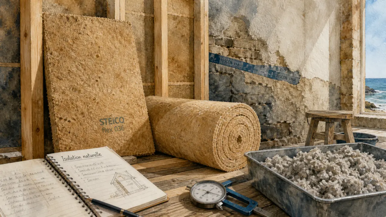 Isolation naturelle : isolant en fibre de bois en pose, chantier intérieur