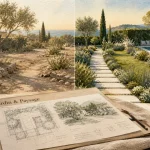 Jardin et paysage : avant/après avec allée, massifs et pelouse aménagée