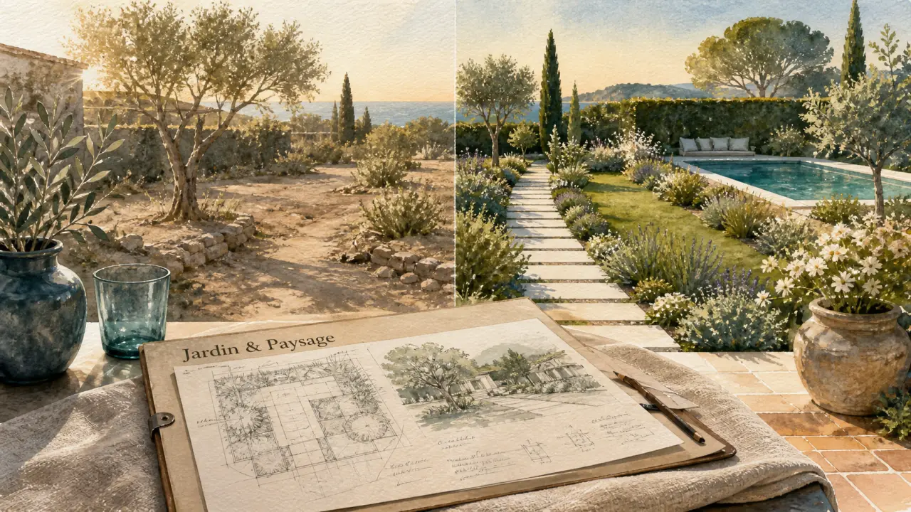 Jardin et paysage : avant/après avec allée, massifs et pelouse aménagée
