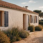 Maison traditionnelle vendéenne en plain-pied, toiture basse, volets bleu marine