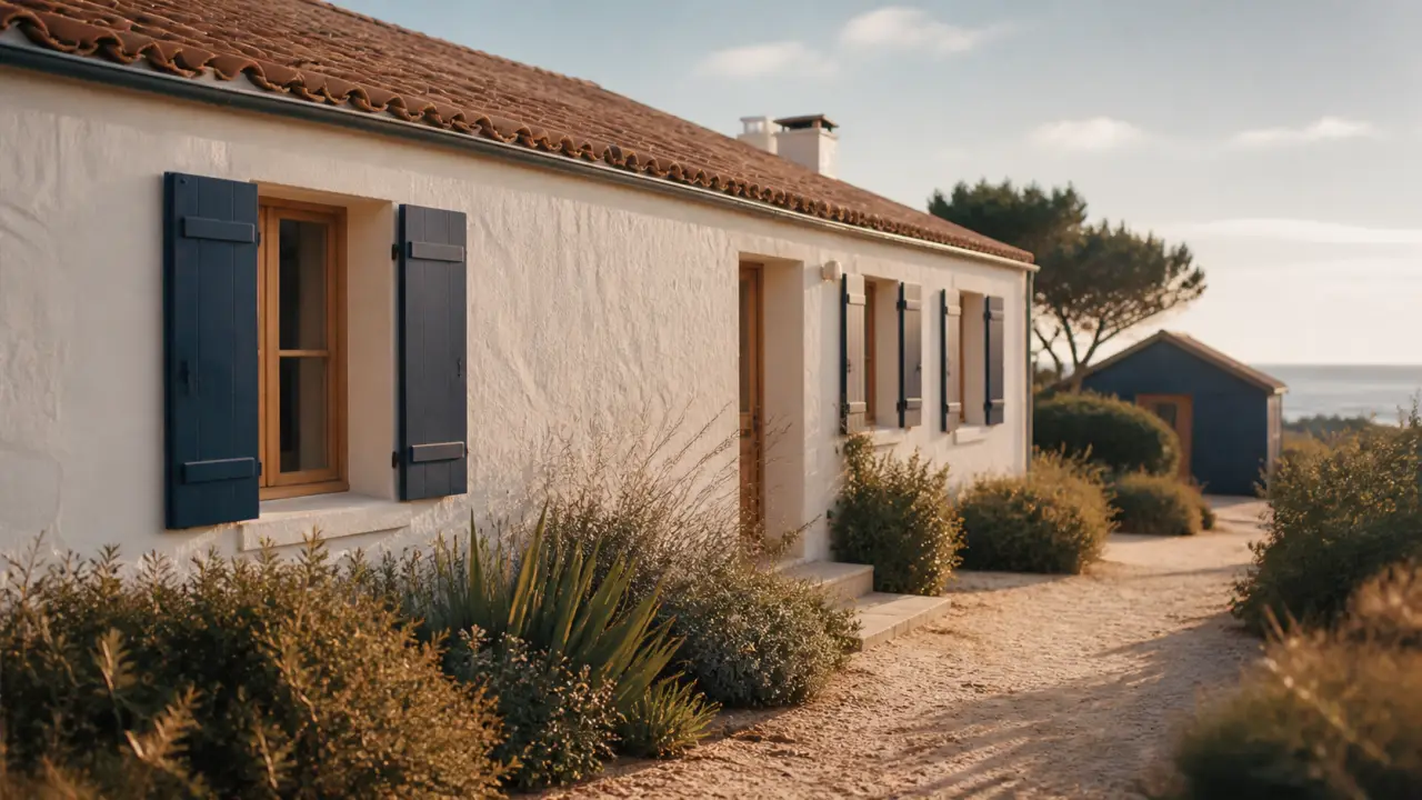 Maison traditionnelle vendéenne en plain-pied, toiture basse, volets bleu marine