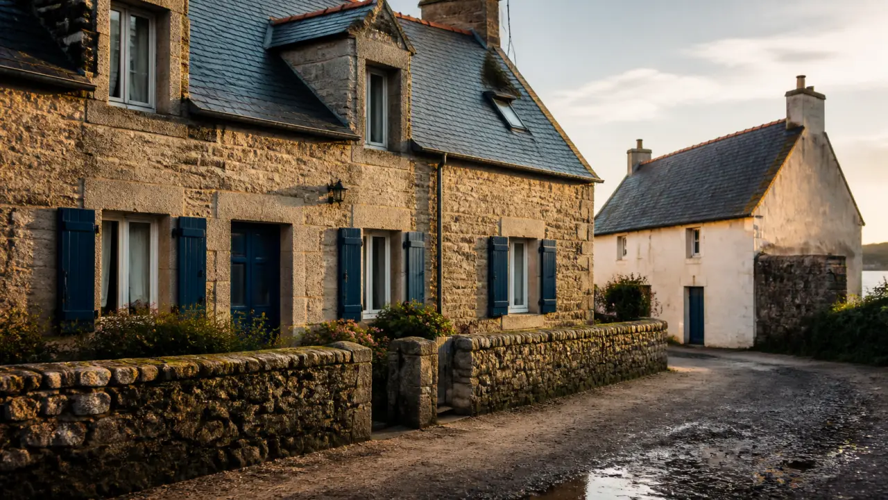 Maison typique bretonne en granit et ardoise, longère
