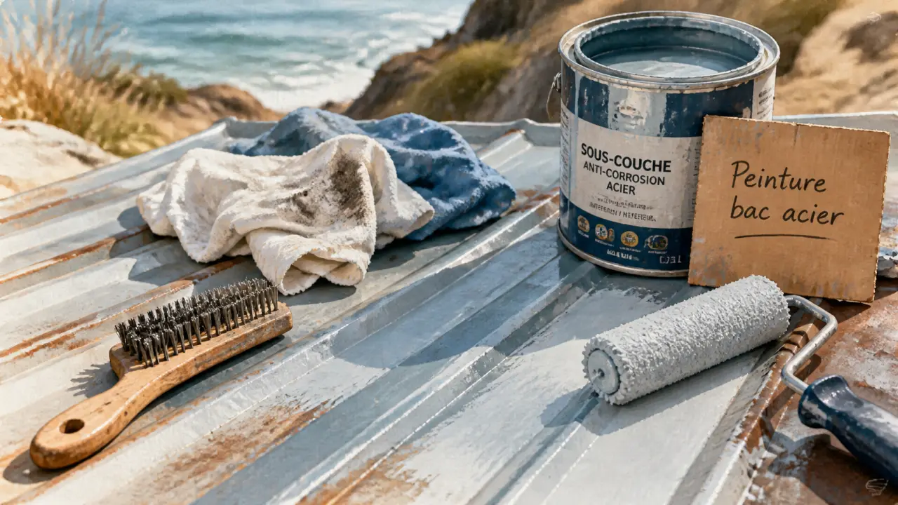 Peinture bac acier : rouille poncée et sous-couche anti-corrosion avant peinture