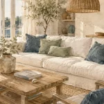 Ambiance bord de mer chic : salon lumineux en lin lavé, touche marine, blanc chaud