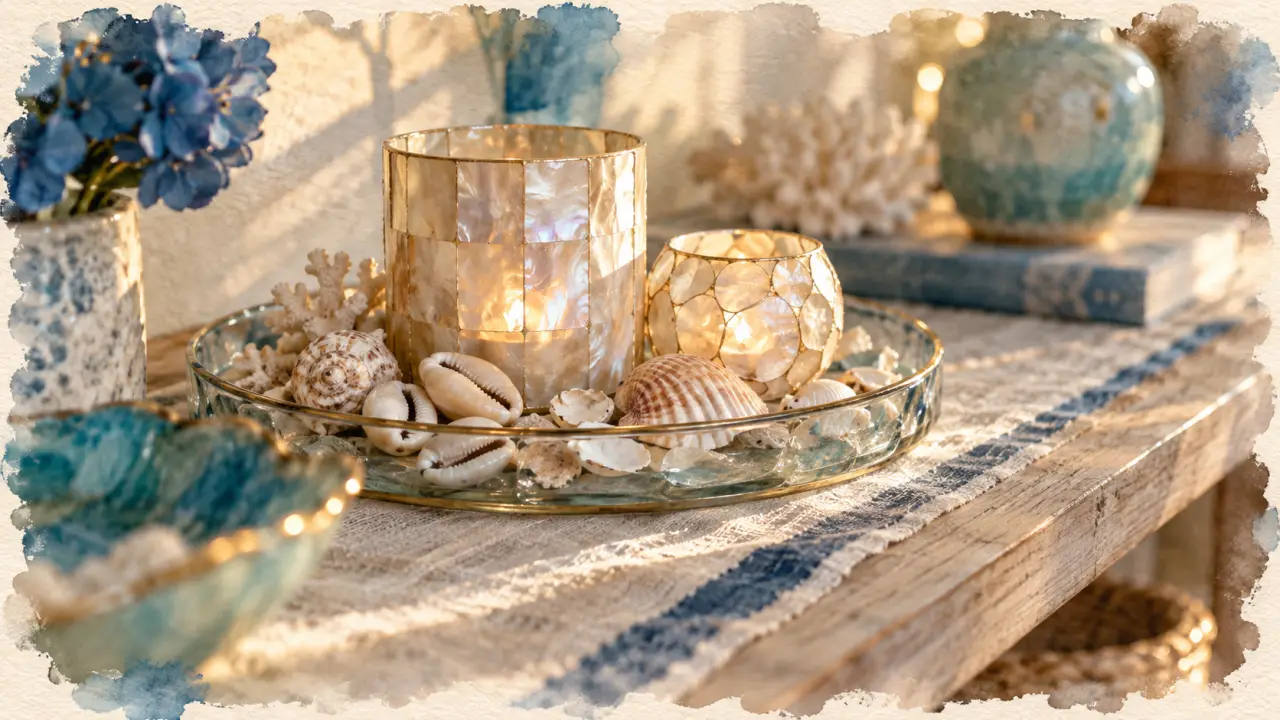 Coquillage décoration : bougeoir en nacre et photophore capiz sur table en lin