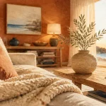 Salon avec couleurs chaudes pour salon : tons terreux, beige et terracotta, lumière du soir