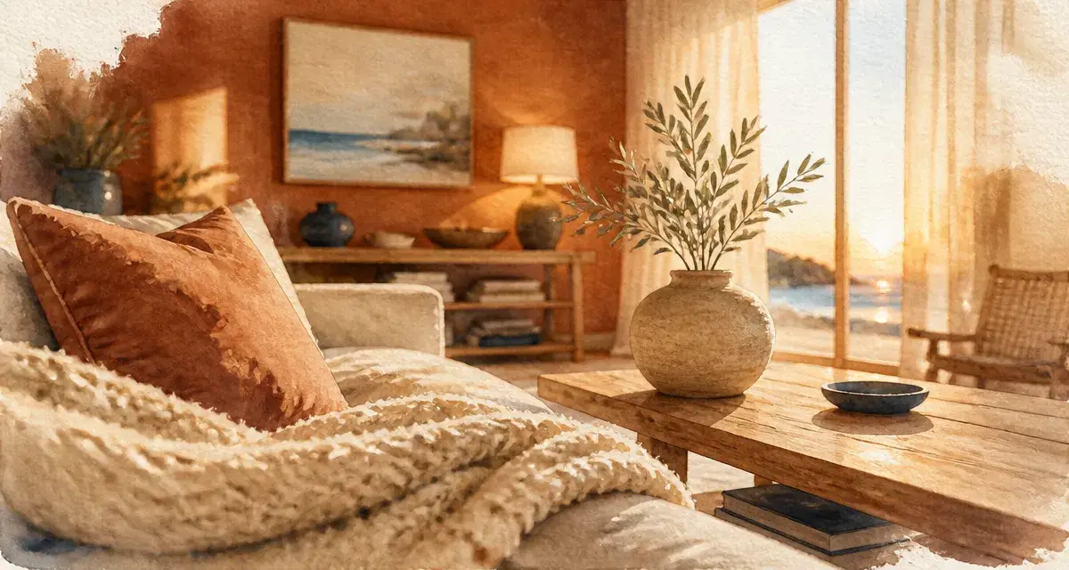 Salon avec couleurs chaudes pour salon : tons terreux, beige et terracotta, lumière du soir