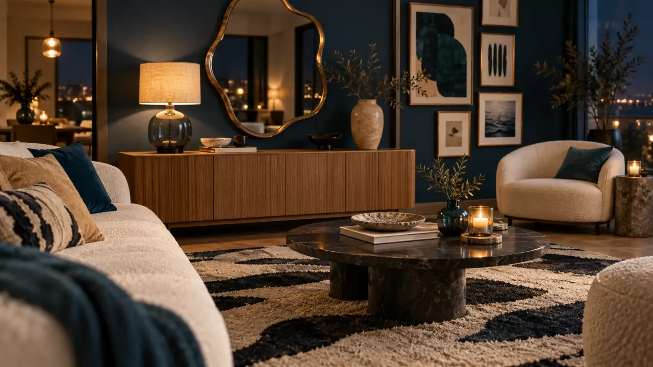 Déco originale : salon contemporain noir beige, miroir sculptural et lampe verre fumé