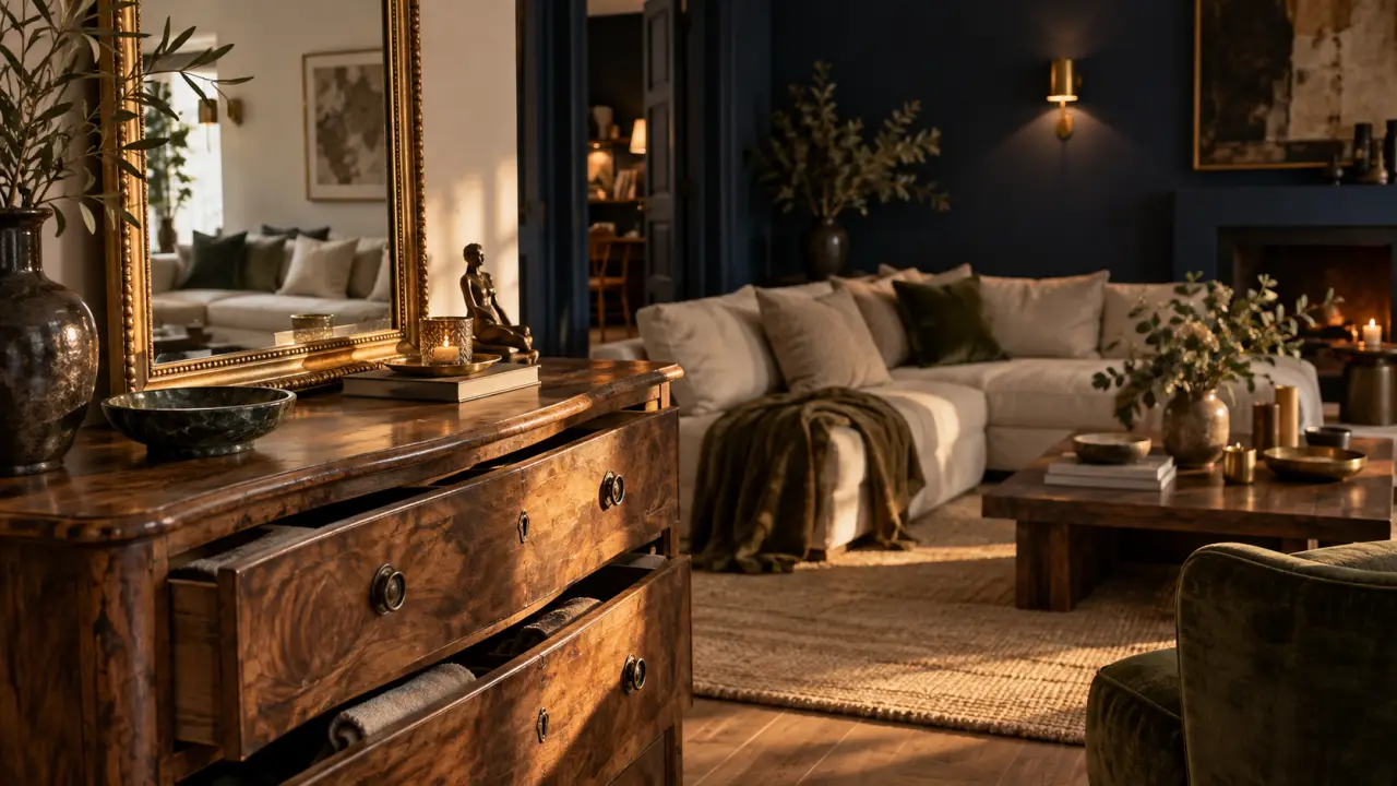 Deco salon melange ancien et moderne : commode noyer et miroir doré dans un salon contemporain