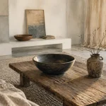 Déco wabi sabi : salon aux matières brutes et couleurs sourdes, bois et chaux blanche.