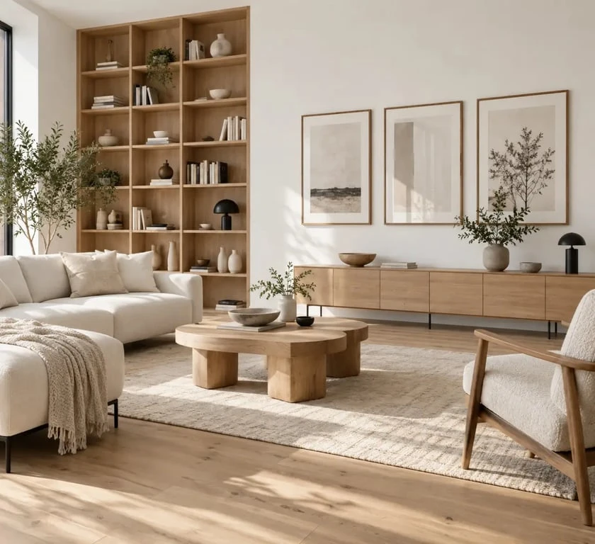 Salon blanc et bois avec éléments en bois répartis du sol aux murs