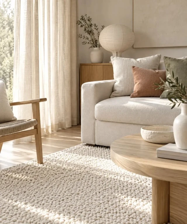Détails de matières et textiles dans un salon blanc et bois chaleureux