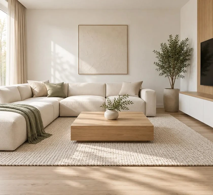 Salon blanc et bois lumineux avec canapé écru, table basse en chêne et textiles naturels
