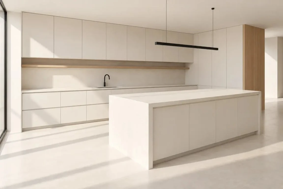 Cuisine minimaliste chic avec façades sobres et plan de travail dégagé