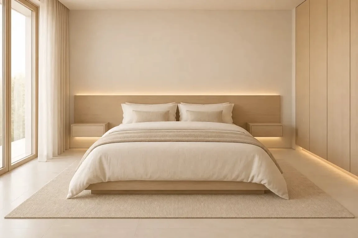 Chambre en décoration minimaliste apaisante avec linge de lit naturel