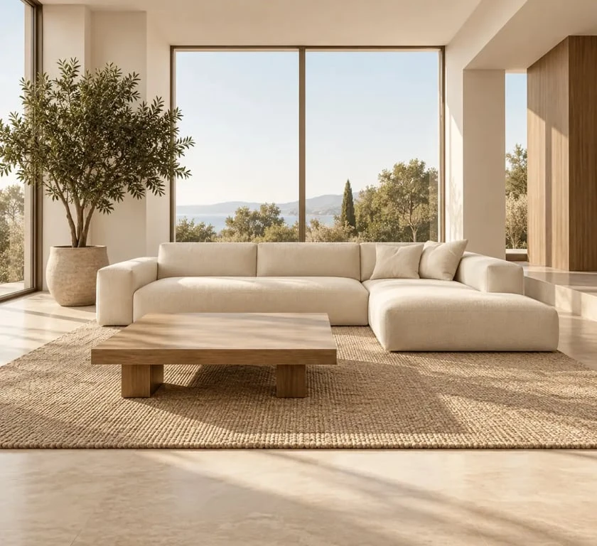 Séjour en décoration minimaliste chaleureuse avec canapé, tapis texturé et plante