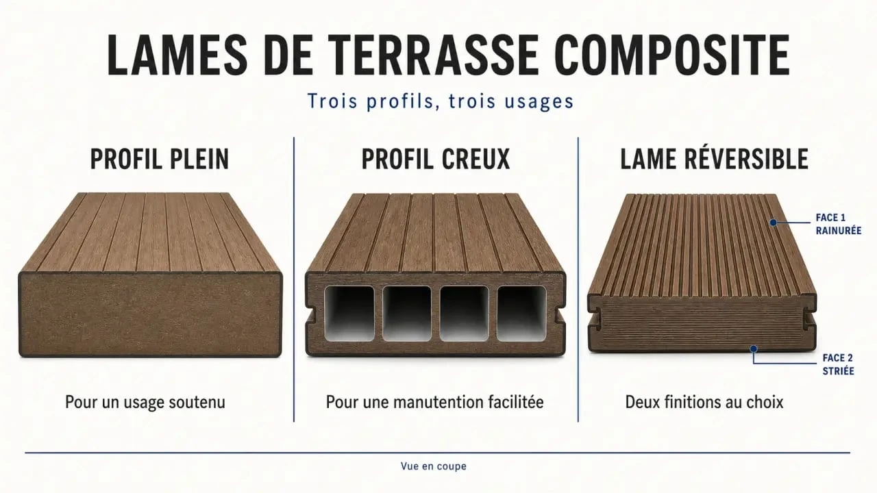 Comparatif des profils de lames de terrasse composite plein creux et réversible