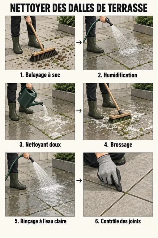 Étapes pour nettoyer des dalles de terrasse avec balayage, brossage et rinçage