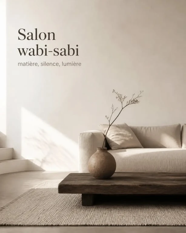 Décor de deco wabi sabi dans un salon apaisé avec bois patiné, lin froissé et céramique artisanale