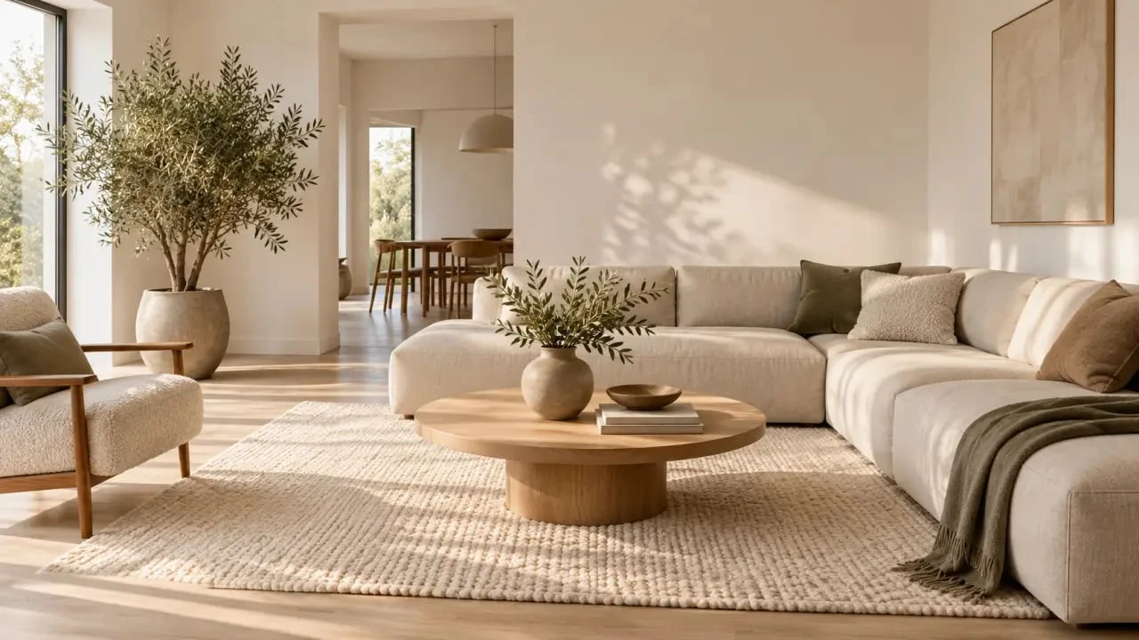 Salon scandinave cocooning avec canapé beige, bois clair et matières naturelles