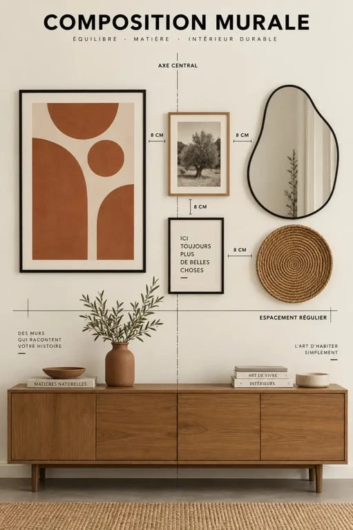 Déco originale avec composition murale de cadres, miroir et objets tressés