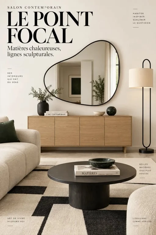 Déco originale de salon avec miroir sculptural, lampe et tapis graphique