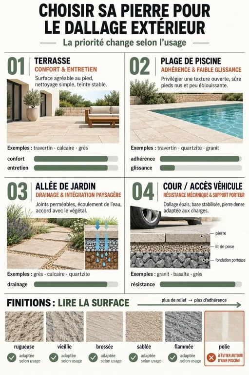 Infographie comparative pour choisir une pierre pour dallage extérieur selon l’usage et la finition