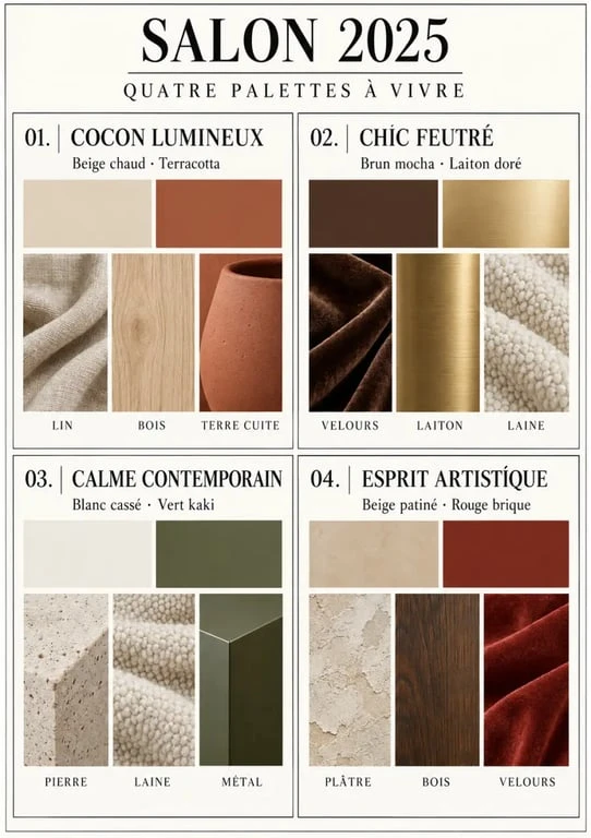 Palettes de couleurs et matières pour une déco salon 2025