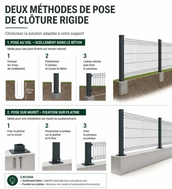 Comparaison des méthodes d'installation : scellement béton et pose sur platine pour clôture rigide
