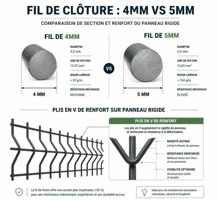 Schéma comparatif du diamètre du fil et des plis de renfort pour une clôture rigide