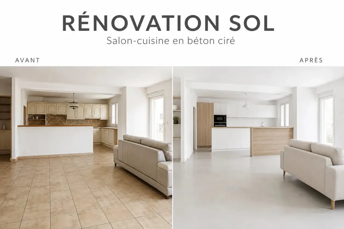 Avant/après d’un sol béton ciré dans un salon-cuisine contemporain