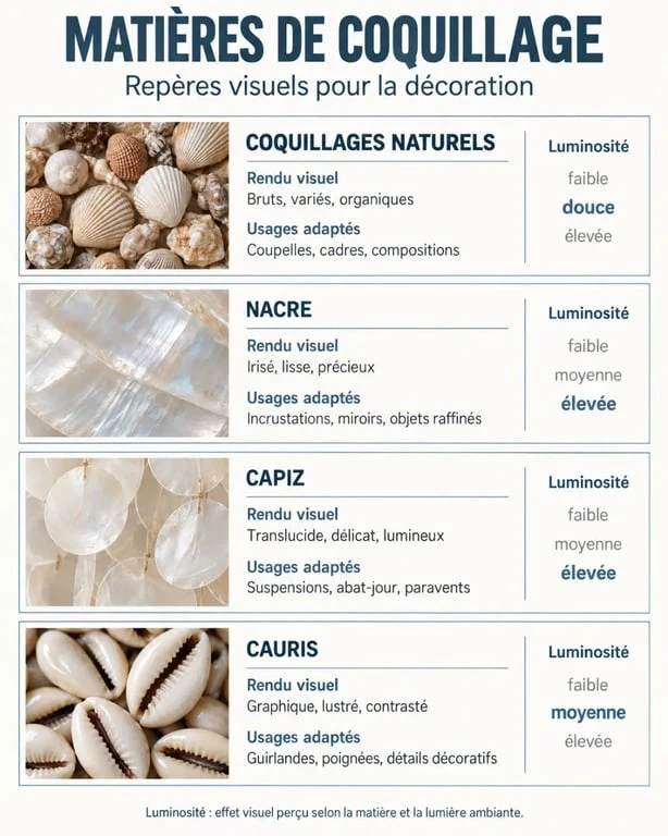 Infographie comparative des matières pour une décoration en coquillage