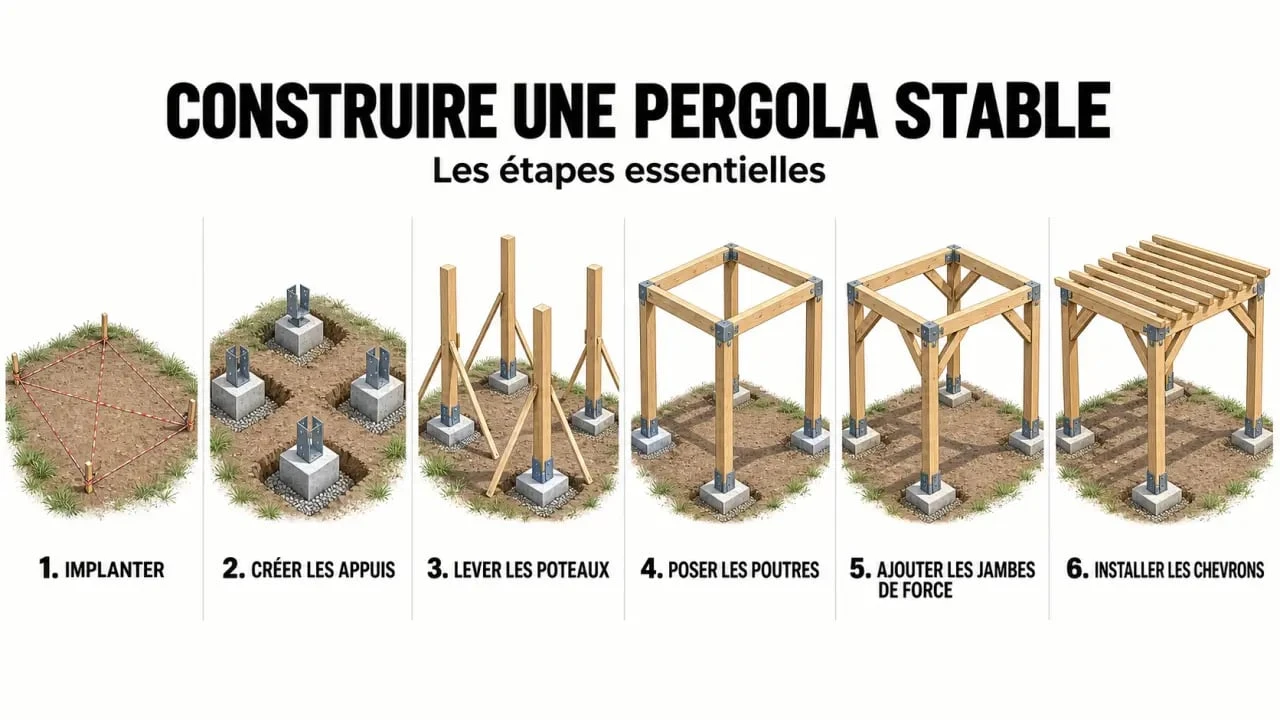 Construire pergola bois : illustration des étapes de montage d’une structure stable