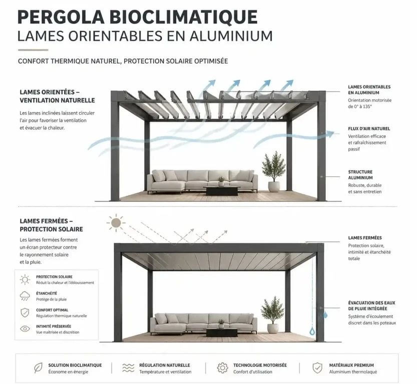 Schéma de fonctionnement d'une pergola bioclimatique à La Baule