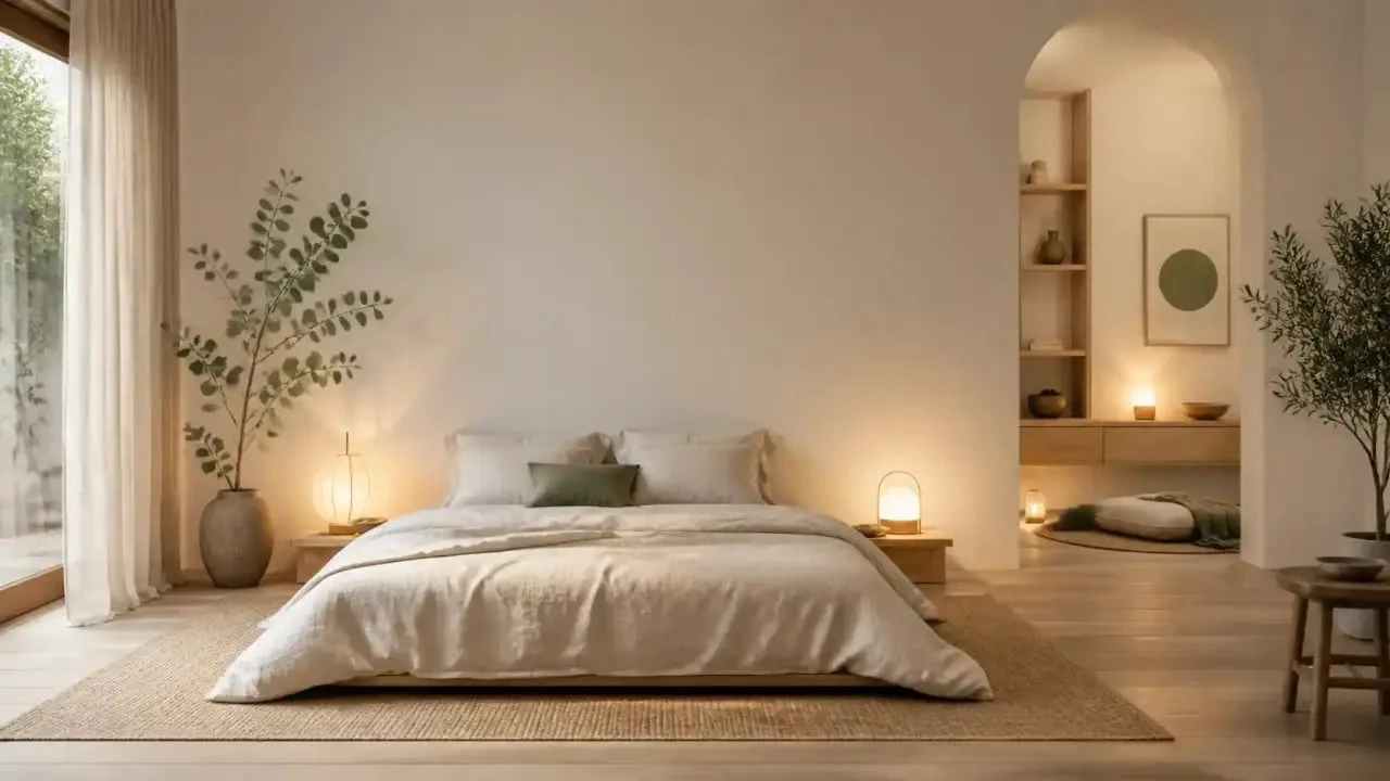 Chambre zen décorée avec bois clair, lin, lumière chaude et coin méditation